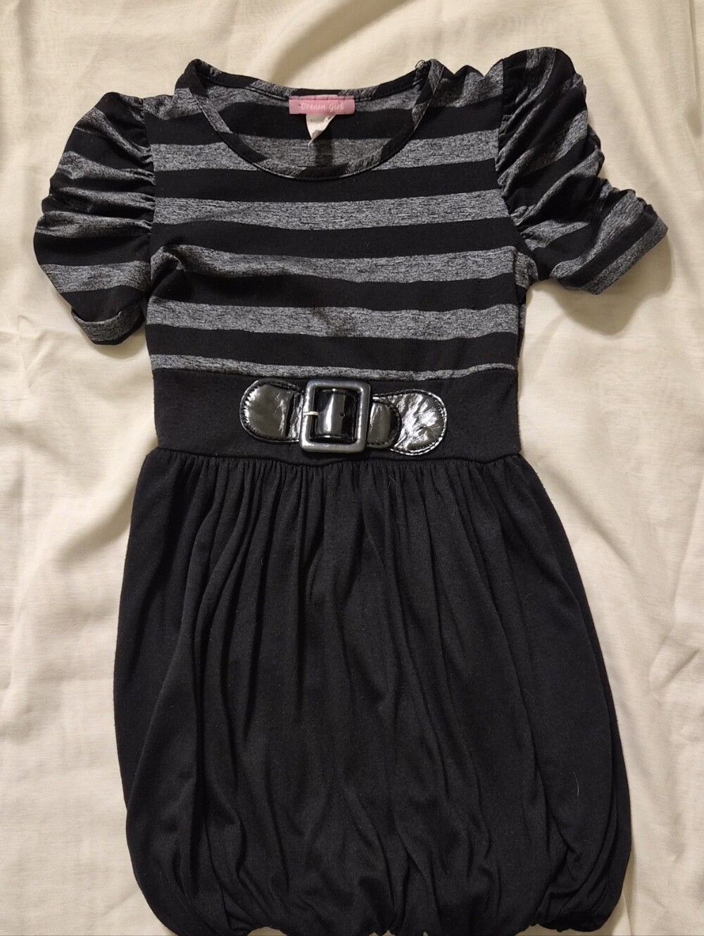 Girls Black & Gray Striped Puff-Sleeve Dress with Belt